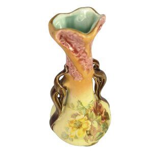 Vintage Miniature Amphora Bud Vase Yellow Pink Brown Floral Teal Inside Boho